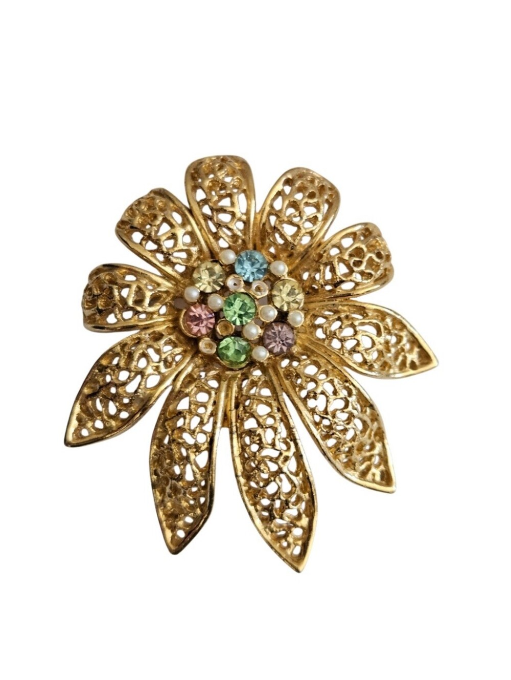 Vintage 60's BSK gold-tone filigree Rhinestone& Pearl Flower Brooch